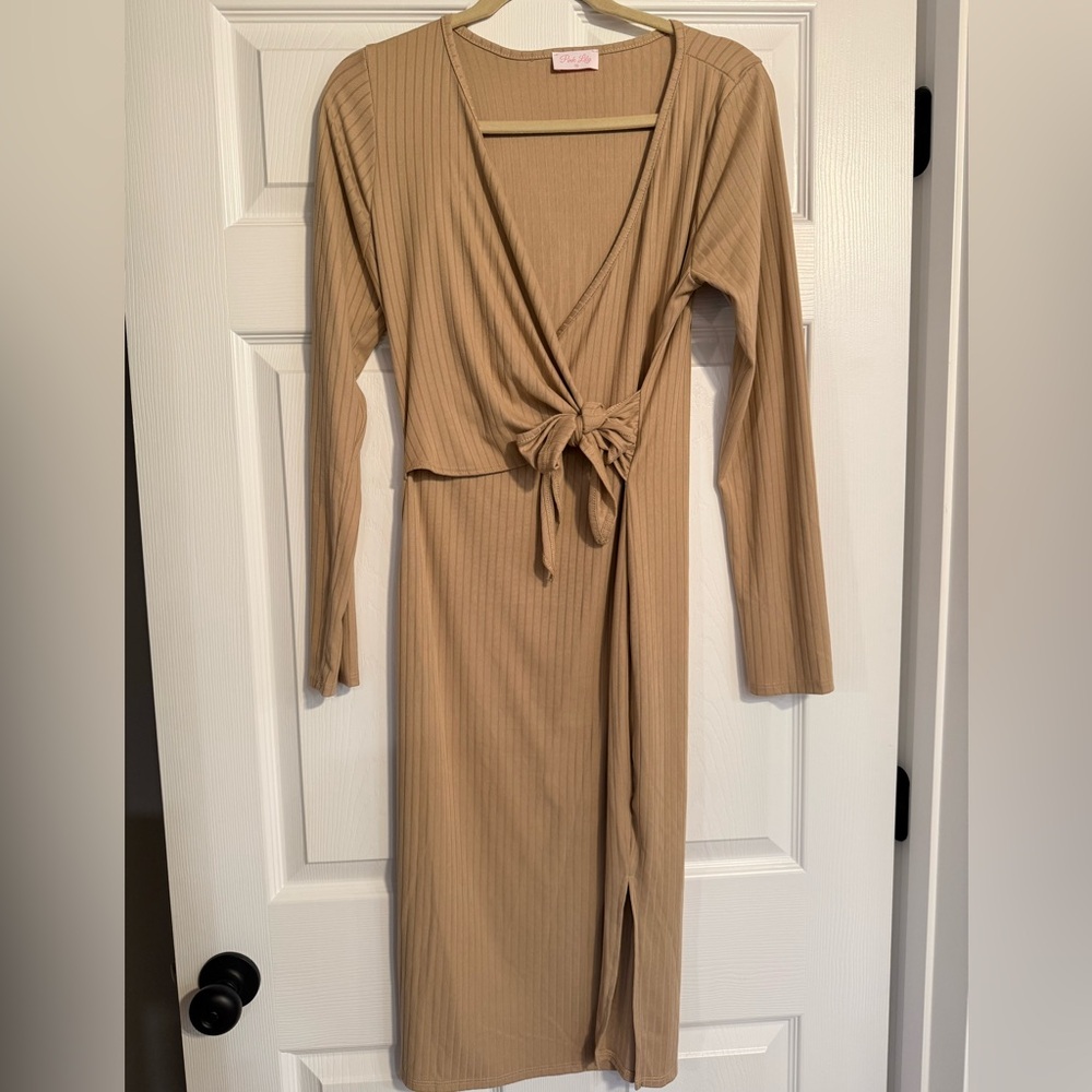 Pink Lily Tan Long Sleeve Wrap Dress